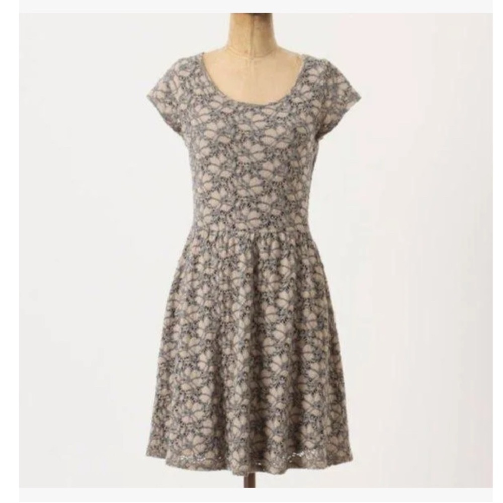Deletta Anthropologie Brown Gray Brushed Terra Floral Lace Dress Princess Cut